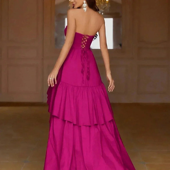 Hot Pink Party Women's Pleated Strapless Sleeve Evening Dress - Picture 2 of 7